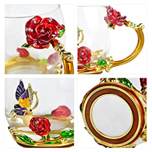 Glass Enamel 320ml Coffee Mug Cups With Spoon Handmade Butterfly Rose 0