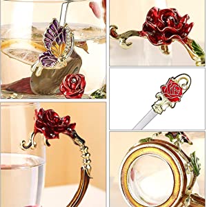 Glass Enamel 320ml Coffee Mug Cups With Spoon Handmade Butterfly Rose 1
