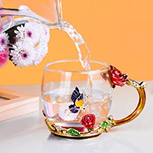 Glass Enamel 320ml Coffee Mug Cups With Spoon Handmade Butterfly Rose 2