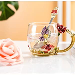 Glass Enamel 320ml Coffee Mug Cups With Spoon Handmade Butterfly Rose 4
