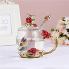 Glass Enamel 320ml Coffee Mug Cups With Spoon Handmade Butterfly Rose