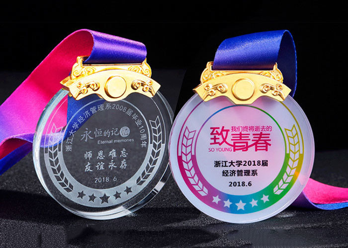 Students Crystal Custom Sports Medals Sand Blasting Texts With Color Printing Ribbon