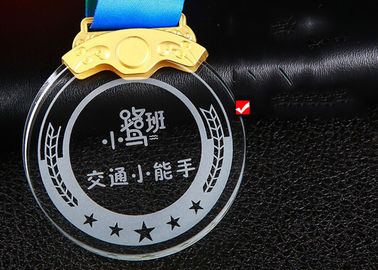 Students Crystal Custom Sports Medals Sand Blasting Texts With Color Printing Ribbon