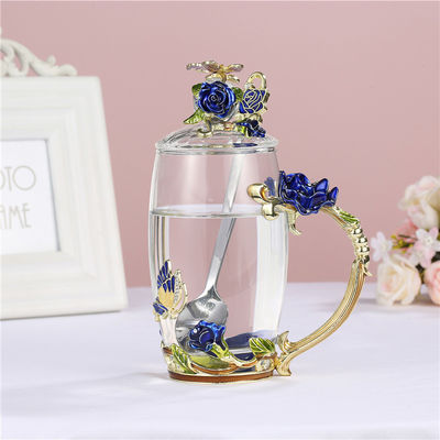 Glass Enamel 320ml Coffee Mug Cups With Spoon Handmade Butterfly Rose