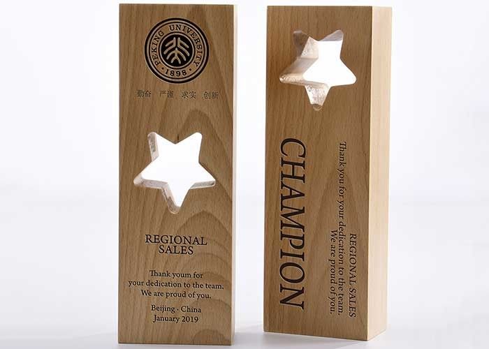 Wooden Custom Trophy Cup Engraving / Lasing Logo Star Design Awards For Staff